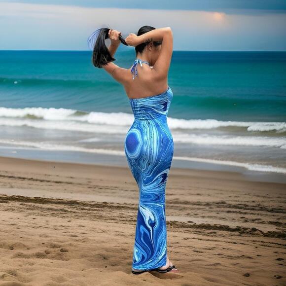 New XS Blue Swirl Y2k Bodycon Halter Beach Dress Fitted‎ Maxi Long Baby Summer - Picture 2 of 3